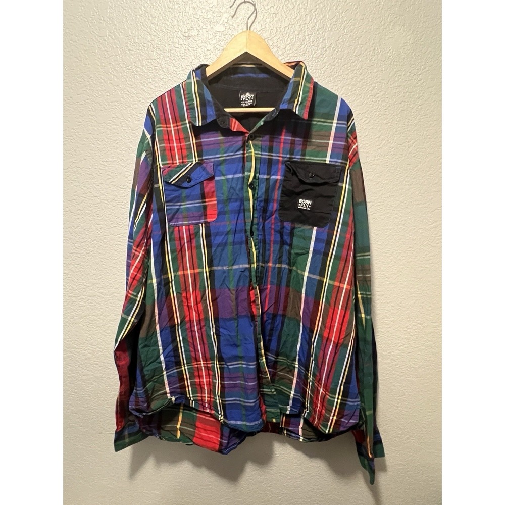 Born Fly Shirt Mens 4XL Blue Red Plaid Button down Front Stayfly Streetwear Y2K